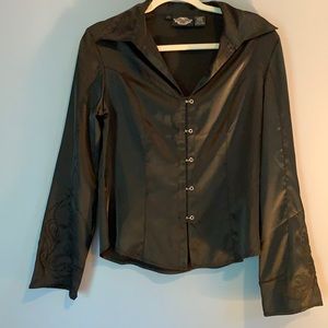 Harley Davidson Blouse Medium BLACK Silky/Satin Poly/Spandex Dressy Like…